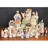 Collection of Staffordshire pottery figures, including three large figures and assorted