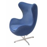 After Arne Jacobson - upholstered egg chair, pale blue, on a chrome support, 34" wide, 45" high