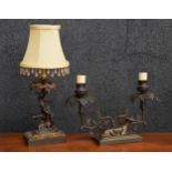 Small bronze figural table lamp, cast as a deer by a tree, on a rectangular base with foliate