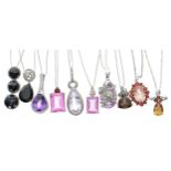 Ten large modern silver gem set pendants upon slender silver chains