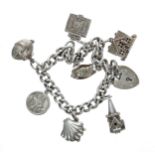 Silver charm bracelet with heart padlock and seven charms, mostly with hinged opening, 1.1oz t