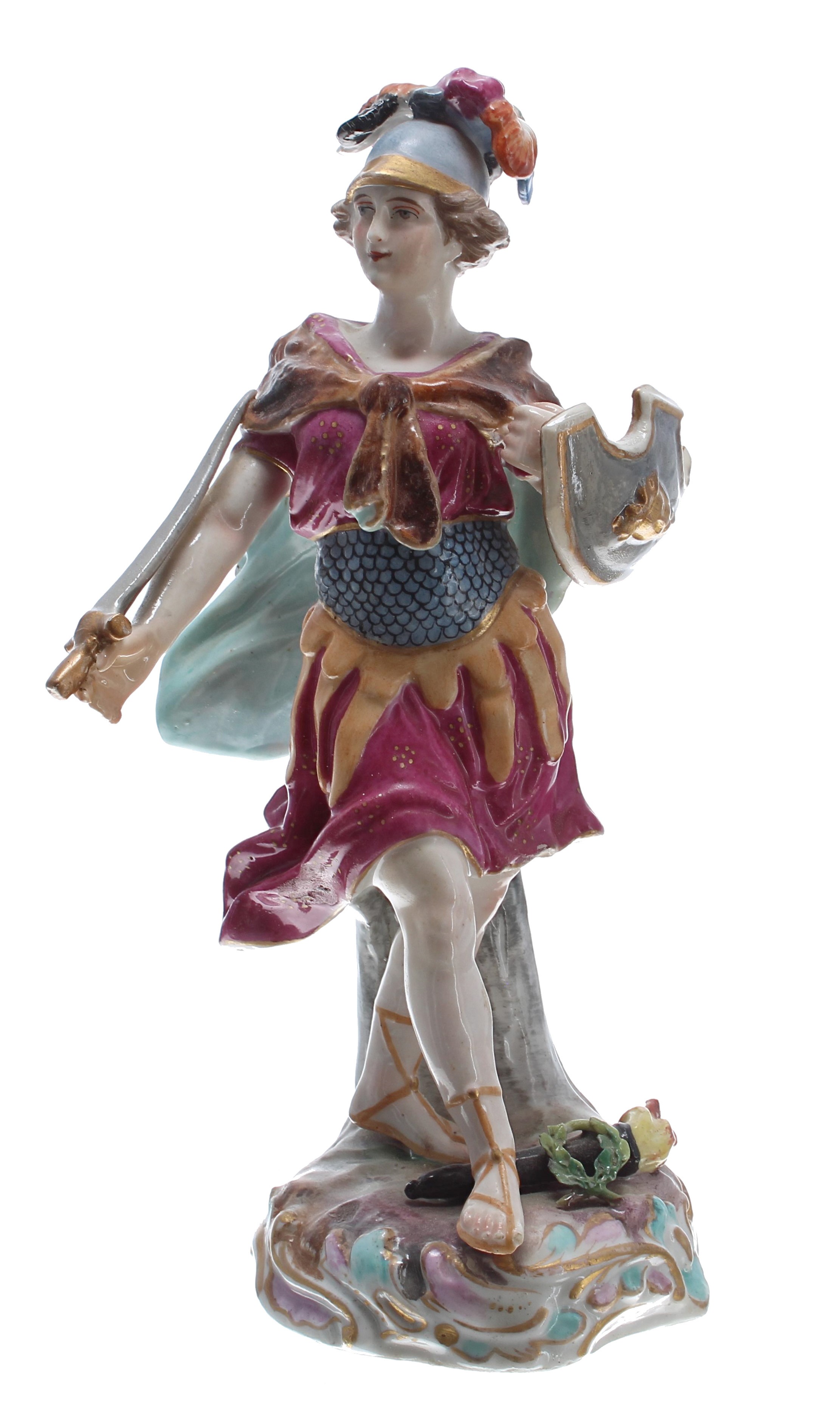 Porcelain figure of a Roman soldier in the manner of Meissen, with sword and shield, wearing a