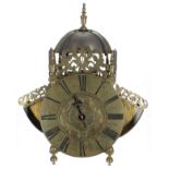 Interesting English brass hook and spike winged verge lantern clock, the 7.25" brass chapter ring