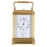 Good French Drocourt repeater carriage clock with alarm, the movement back plate stamped with the