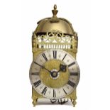 Interesting, rare and large period English brass lantern clock, the 10.25" silvered dial enclosing a
