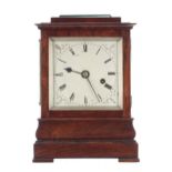 Good small English rosewood single fusee library clock, the 4" silver foliate engraved dial within a