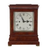 Good English burr walnut double fusee library clock, the movement back plate signed Barrauds,