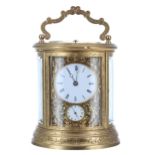 Good French oval repeater carriage clock with alarm, the Pons movement striking on a bell and
