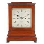 Good English mahogany double fusee library clock, the 6.25" square silvered dial signed James