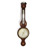 Mahogany inlaid wheel barometer/thermometer, the 8" silvered dial signed Angel Carioli