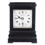 Good small rare English ebonised library clock with chronometer escapement, the 4" square silvered