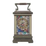 Miniature carriage clock timepiece mounted to the front and sides with ornithological painted