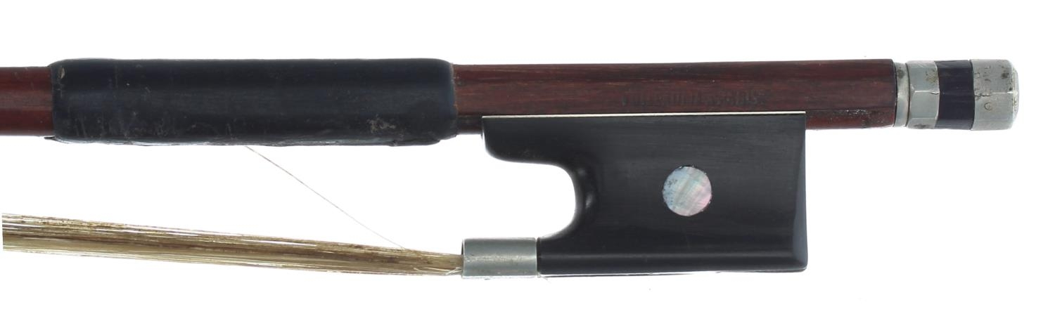 French Maillechort mounted violin bow stamped Vuillaume á Paris, the stick round, the ebony frog