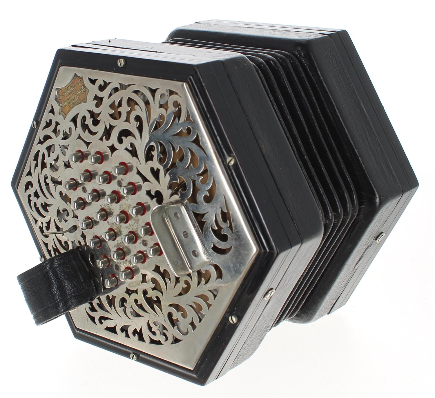 Good Wheatstone English system treble concertina, bearing the maker's metal trademark plate