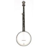 Goldtone five string open back banjo, bearing the maker's trademark sticker to the inside pot rim