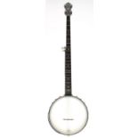 Goldtone five string open back banjo bearing the maker's sticker to the inside pot rim wall
