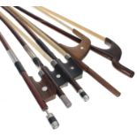 Three French style double bass bows; also two Dragonetti style double bass bows (5)