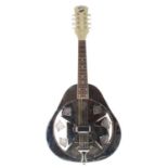 Recording King resonator mandolin with pear shaped body and mother of pearl overlaid headstock,