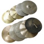 Fifteen various size cymbals (15)