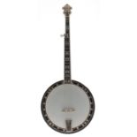 Flinthill five string banjo, with 11" skin, mother of pearl floral inlay to the fretboard and