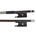 Two German nickel mounted violin bows, 57gm and 49gm (both unhaired) (2)