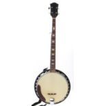 Five string unnamed banjo, with 11" skin, mother of pearl slot inlay to the fingerboard, case
