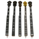 Five old Gibson banjo necks, all with mother of pearl geometric and foliate inlay to the fretboards,