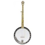 Gibson Kel Kroyden five string banjo, bearing the Gibson Kalamazoo label fixed to the inside back,