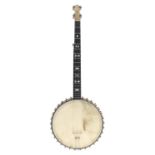 Hewett's Patent five string open back banjo, with 12" skin, metal sides, geometric mother of pearl