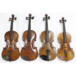 Three old three-quarter size violins and a half size violin (4)