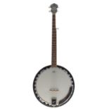 Contemporary Ozark five string banjo, with 11" skin and mother of pearl dot inlay to the