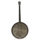 Ludwig Dixie nineteen fret tenor banjo, with geometric mother of pearl inlay to the fretboard, 11"