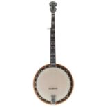 Gibson five string banjo, the maple resonator inlaid with two chequered bands, with 11" skin and