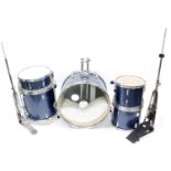 Drum World UK five piece drum kit, blue metallic finish, with hardware and stool; also a pair of tom