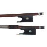 Nickel mounted violin bow stamped F.N. Voirin, 51gm (without hair); also another nickel mounted