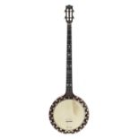 'The New Windsor Patent' four string banjo, with 8.75" skin, geometric mother of pearl inlay to