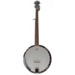 Harley Benton five string banjo, with 11" resonator, semi-rigid case; also a Harley Benton folding