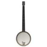 Good late 19th century six string banjo inscribed Daniel's Patent, 112 Leaden Hall St E.C, all metal