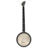 Rare five string zither banjo by and inscribed The Riley-Baker Perfected Patent, with foliate