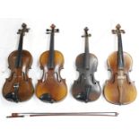 Early 20th century German three-quarter size violin; also three other full size violins, bow (4)