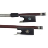 German nickel mounted violin bow stamped Cerpi, 57gm; also another German nickel mounted violin