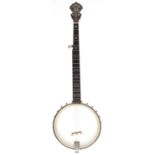 Contemporary unnamed five string open back banjo, 11" skin and mother of pearl floral inlay to the