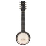 Mandolin banjo stamped British Made to the headstock, 12" skin, case