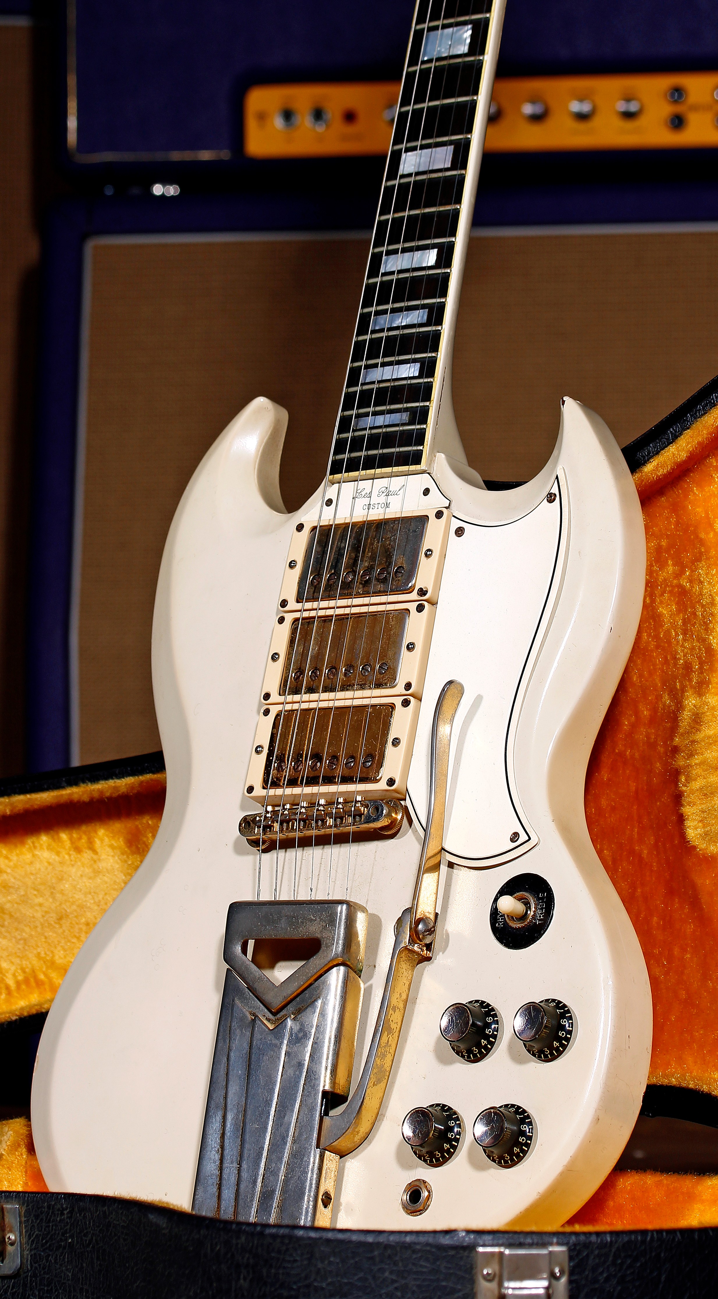 1961 Gibson Les Paul Custom (SG body) electric guitar, made in USA; Body: white refinish, various