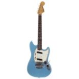 1967 Fender Mustang electric guitar, made in USA; body: blue finish, lacquer checking, blemishes,