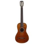 Interesting European antique small bodied guitar; Back and sides: figured maple arched and bowled