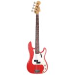 Fender Precision bass guitar, made in USA, circa 1968; Body: Fiesta red refinish, large knock