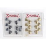 Two sets of Sperzel three-a-side locking guitar tuners, one in gold, one in chrome