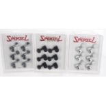 Three sets of Sperzel three-a-side locking guitar tuners, one in chrome, one in matt and one in