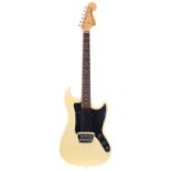 1978 Fender Musicmaster electric guitar, made in USA; Body: Olympic white, typical yellowing, impact
